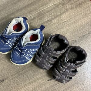 2 Pair Toddler Boy's Shoes Size 2 Sneakers Sandals Blue Brown Garanimals Notag